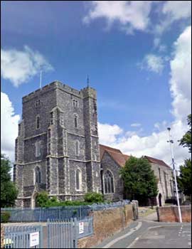 streetview of holy trinity church tower, milton regis